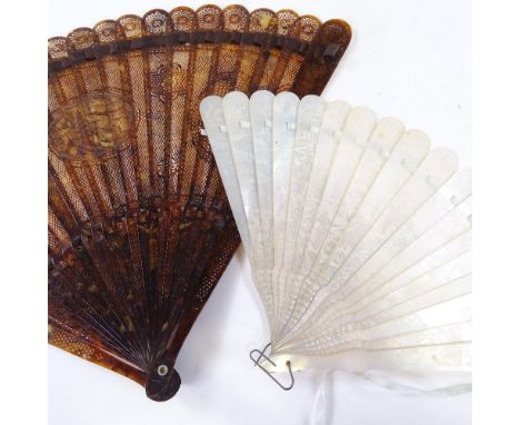 2 Chinese brise fans, 18th century pierced tortoishell and 19th century mother of pearl, longest 26cm. Tortoishell - missing 