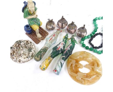 A group of Chinese items, ceramic figure, 3 glass mythical beasts, 2 hardstone discs, green stone beads etc (13) 