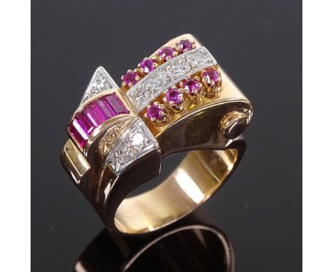 A large Art Deco style unmarked rose gold odenesque ruby and diamond dress ring, set with old-cut brilliant diamonds and cali