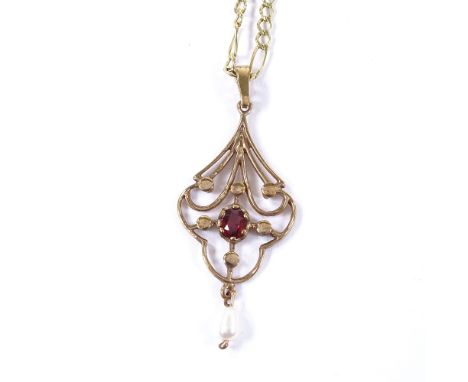 An Art Nouveau style 9ct gold pearl and garnet pendant necklace, on 9ct figaro link chain, pendant height excluding bale 39.7