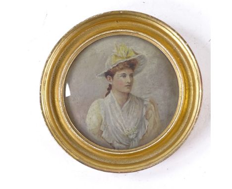 19th century miniature circular oil on board, portrait of a woman, unsigned, framed behind convex glass, overall diameter 6.5