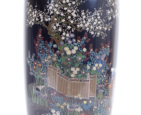 A fine Meiji period Japanese cloisonne baluster vase, dark blue body with Japanese garden decoration, signed to base, height 