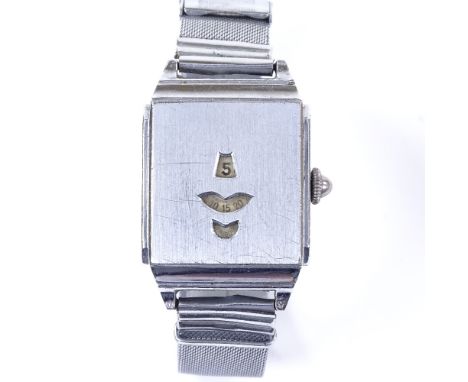 A Vintage stainless steel-cased Jump Hour mechanical wristwatch, 3 Arabic numeral apertures with stepped case and steel mesh 