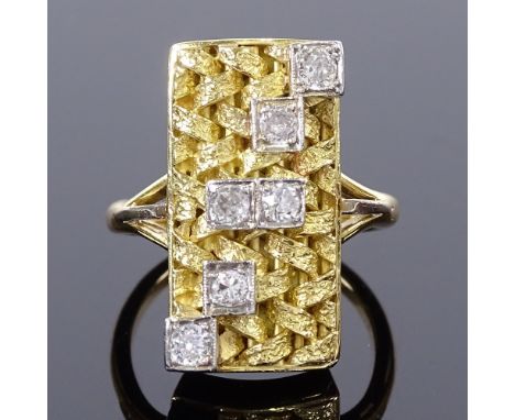 An 18ct gold modernist abstract diamond panel ring, total diamond content approx 0.3ct, platinum-topped woven gold panel with