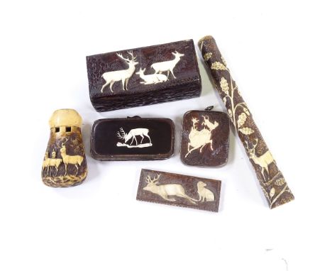 A 19th century carved stag horn and ivory box, length 9cm, together a stag horn whistle, handle and 3 other pieces (6)Box - s