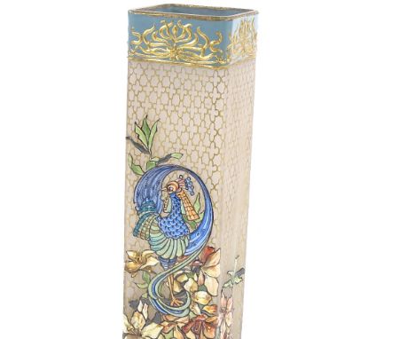 An Art Nouveau square-section opaque glass vase, with hand painted enamel peacock and flower designs, height 21.5cmNo chips o
