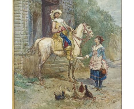 D Buccianelli, watercolour, The Stirrup Cup, signed with original labels verso, 24" x 17.5", framedSeveral very faint fox mar