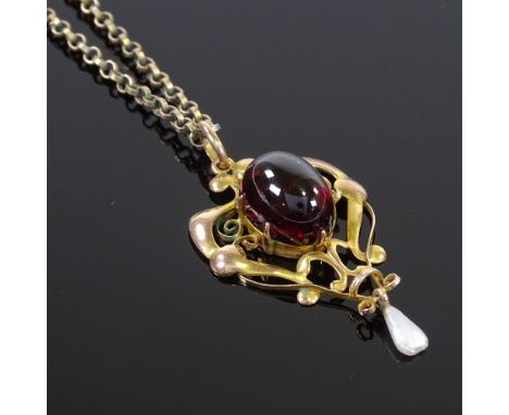 An Art Nouveau unmarked gold high cabochon rubellite tourmaline and blister pearl pendant necklace, on gilt-metal belcher lin