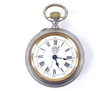 A steel-cased open-face top-wind pocket watch, by Passwang, white enamel dial with Roman numeral hour markers and blued steel