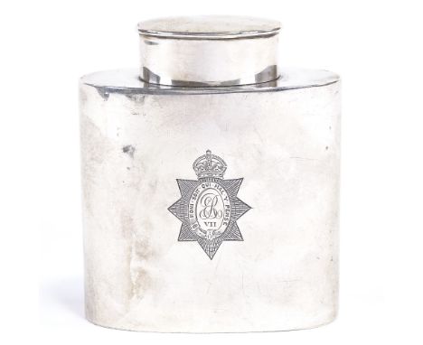An Edwardian silver oval tea caddy, engraved Royal Order of the Garter and Edward VII cypher with gilt interior, by Hilliard 