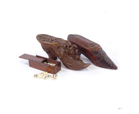 2 carved wood snuff shoe boxes, and a box of minature bone dominoes. (3)British shoe, side section broken and reglued, chips 
