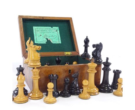Jaques & Son Staunton pattern weighted chess set, in original mahogany box with original green label, king 8.5cm.White set - 