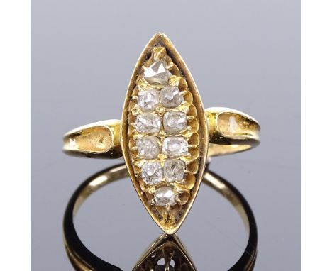 A 19th century unmarked gold diamond cluster marquise panel ring, set with old and rose-cut diamonds, total diamond content a