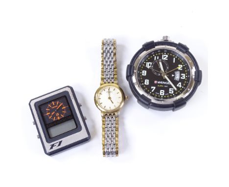 A lady's Rotary quartz wristwatch, and 2 quartz desk alarm clocks, including Tissot F1 (3)Wenger clock in working order with 