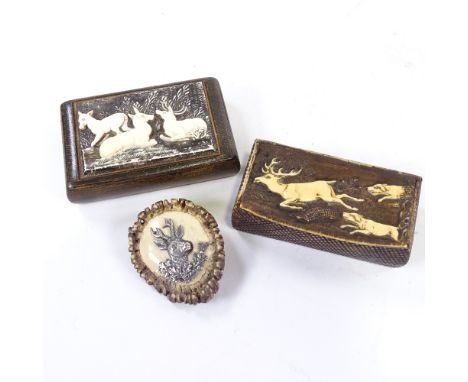 A 19th century carved stag horn snuff box, a treen box circa 1806 with carved stag horn panel and a stag horn and silver broo