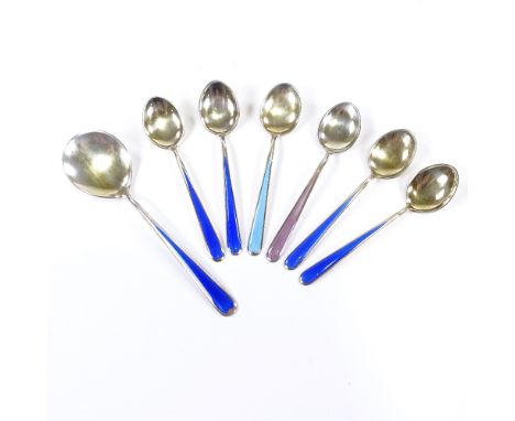 N M THUNE - a set of Norwegian vermeil sterling silver and enamel spoons, comprising 6 coffee spoons and 1 preserve spoon, co