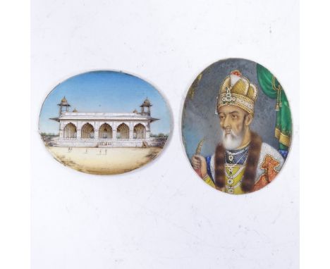 19th century Indian School, 2 miniature paintings on ivory, portrait of a man possibly Ranjit Singh, and figures near a palac