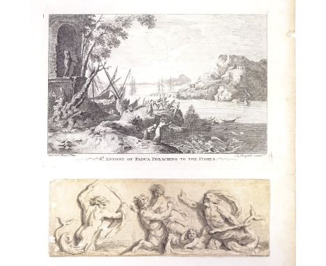 After Salvator Rosa, engraving, St Anthony of Padua preaching to the fishes, circa 1750, and another Bartolozzi print (2)Slig