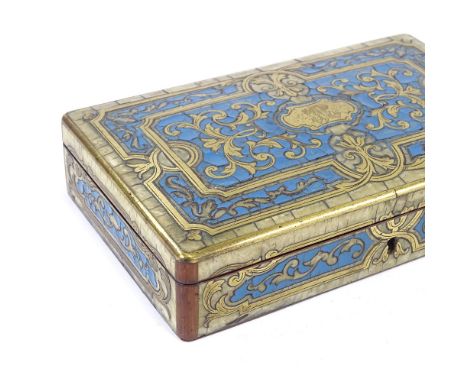 A mid 19th century Boulle sewing box, with mother of pearl and blue enamel fill and implements to interior.Good overall condi