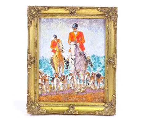 Petty, enamel painting on copper, hunting scene, 10" x 7.5", framed 