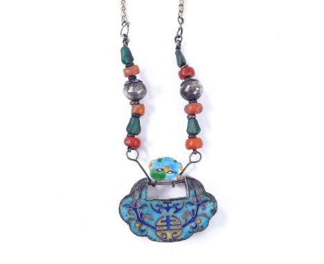 Attributed to Liberty - a Vintage unmarked silver champleve enamel malachite and and coral bead pendant necklace, Oriental ch
