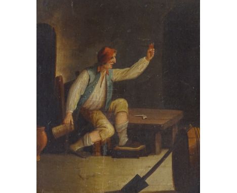 18th/19th century oil on wood panel, drunkard in a tavern interior, unsigned, 10" x 7", framedSigns of a very fine crack in t