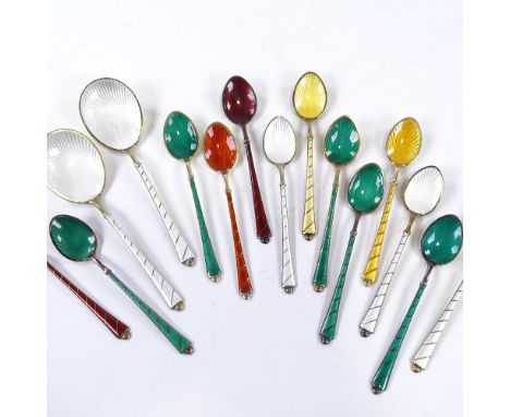 EGON LAURIDSEN - a set of 15 Danish vermeil sterling silver and harlequin enamel coffee spoons, and 2 sterling and white enam