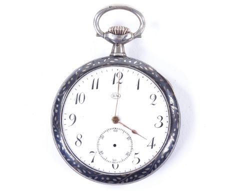 A silver niello-cased open-face top-wind pocket watch, maker's marks BM, white enamel dial with Deco Arabic numerals and subs