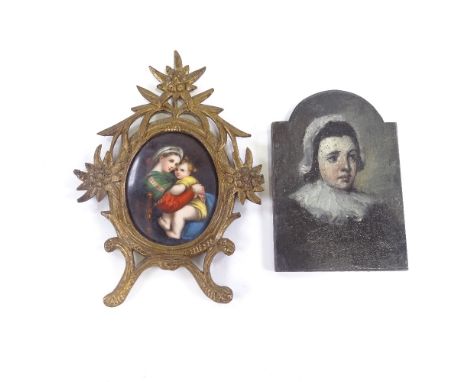 A 19th century painted porcelain plaque, depicting a woman and child in carved giltwood frame, height 17cm, together with a s
