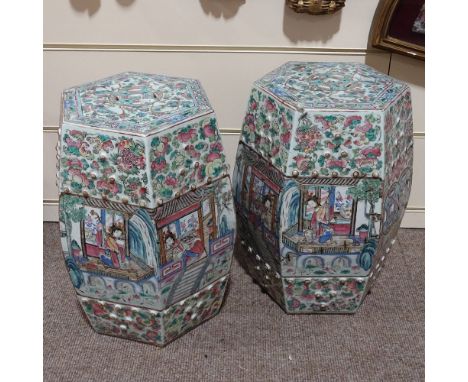 A pair of 19th century Chinese porcelain hexagonal barrel garden seats, with pierced panels, enamel and gilt decoration, pain