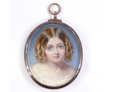 A 19th century portrait minature of a girl, watercolour on ivory, in a hinged white metal oval pendant frame with bevelled gl