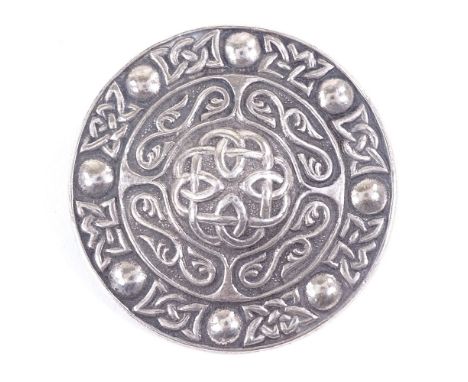 A mid-century silver Celtic shield brooch, by A H Darby & Sons, hallmarks Birmingham 1947, brooch diameter 38.3mm, 14.5gGood 