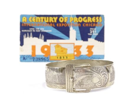1933 Chicago International Exposition, nickel plate commemorative bracelet with relief moulded skyline of Chicago, together w