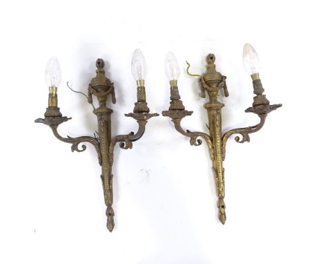A pair of gilt-brass Adam style twin-branch wall light fittings, circa 1900, height 40cmNo damage or repairs 