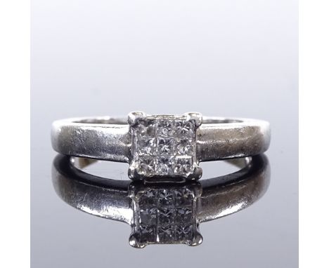 A platinum Princess-cut diamond cluster ring, total diamond content approx 0.25ct, setting height 6.2mm, size approx L/M, 5gV