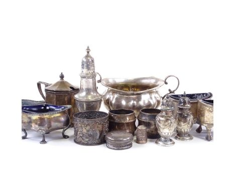 A collection of various cruets and silver items, including large salt cellar, napkin rings etc, 20oz weighableLot sold as see