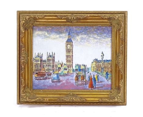 Petty, enamel painting on copper, scene at Westminster, 8" x 9.5", framedVery good condition 