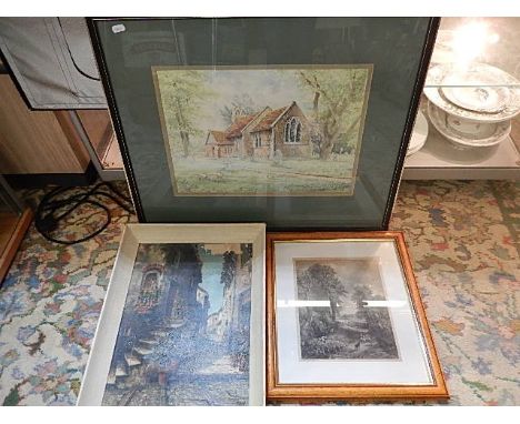 unsigned watercolour of church, J Constable print engraved by C. Cousen of sheep and dog, oil on board (peeling)