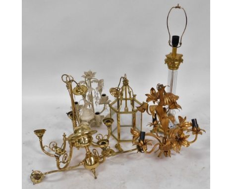 A group of lighting, comprising a brass five branch chandelier, two branch chandelier, gilt metal floral three branch chandel