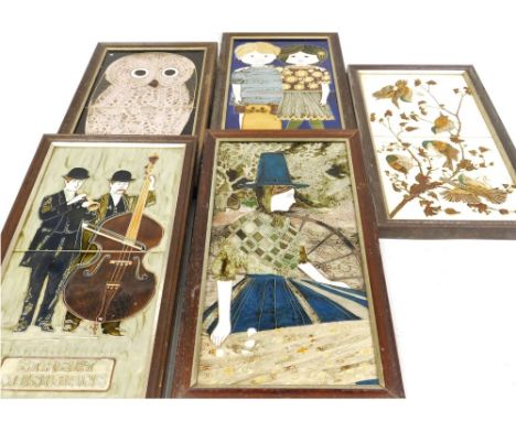 Five Maw &amp; Company tile pictures, framed, comprising an owl, finches, 'Street Musicians', boy and girl with a cat, and a 