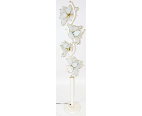 A lotus flower floral standing lamp, with four glass and brass framed flower heads, containing bulbs, raised on a cream ename