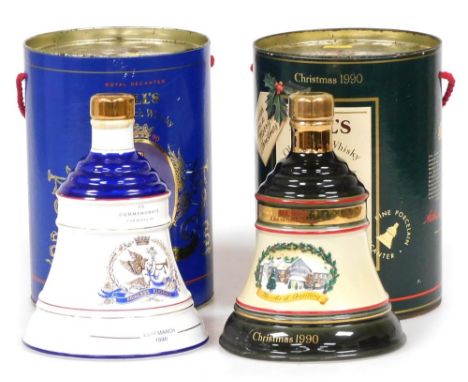 Two Bells Scotch whisky decanters, for Christmas 1990 and 23rd March 1990 to commemorate the birth of Princess Eugenie, boxed