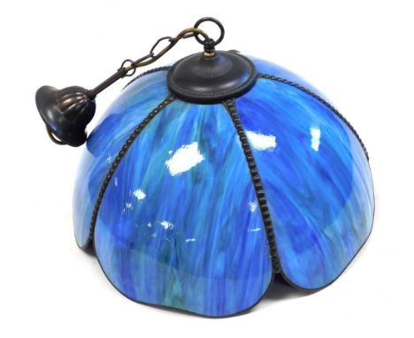 An Art Nouveau style light fitting, each with a four division petallated glass shade, in flashes of blue and green, 38cm diam