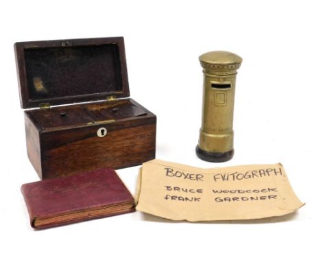 A Victorian rosewood tea caddy, of twin division rectangular form, with mother of pearl key escutcheon, 19cm wide, a brass Po