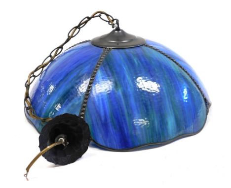 An Art Nouveau style light fitting, each with a four division petallated glass shade, in flashes of blue and green, 47cm diam
