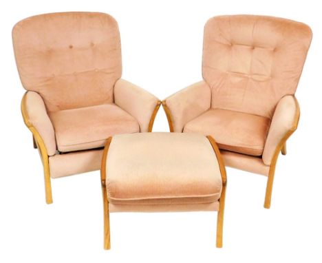 A pair of Parker Knoll light oak framed armchairs, upholstered in button back pink fabric, 75cm wide, together with a matchin
