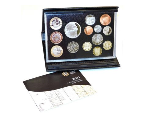 A Royal Mint 2011 United Kingdom proof coin set, in presentation case with leaflet and outer cardboard packaging.