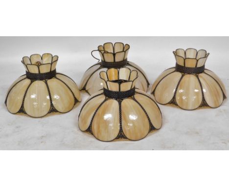 A set of three yellow opalescent ceiling lights, 47cm wide, and a further opalescent ceiling light, 44cm wide.  (AF)