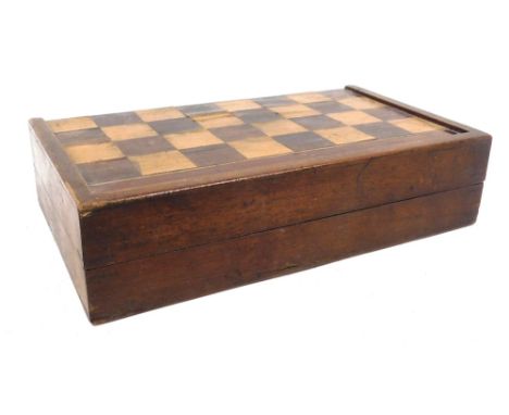 A Victorian mahogany games compendium box, with a rosewood and satinwood chequer board, opening to a backgammon interior, con