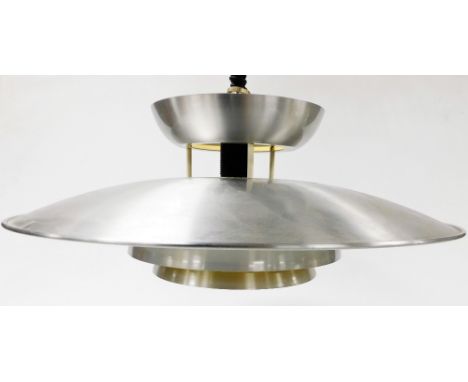 A mid century hanging ceiling light, in stainless steel, of circular graduated form, the underside in alternate white and yel
